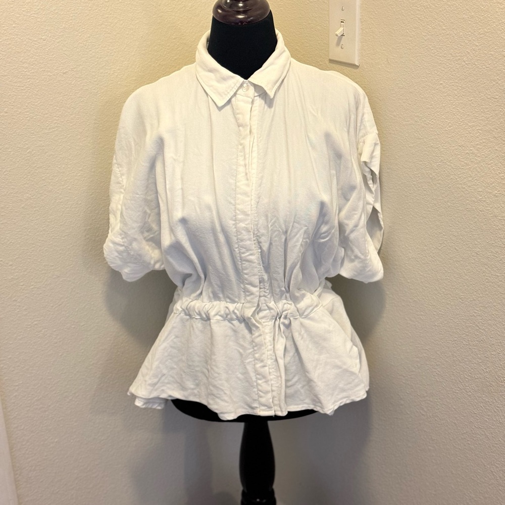 Floriane Fosso White Tie Back Peplum Blouse Top Button Down High Low M L